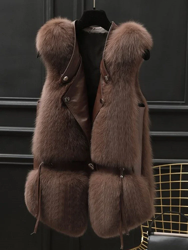 Female Waistcoat New Autumn Winter Imitation Fox Hair Vests Top Patchwork Stand Collar Sleeveless Fur Jacket Elegant Women Coat