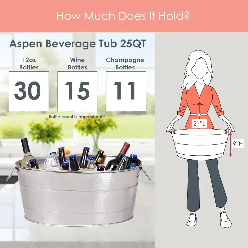 Aspen Heavy-Duty Oval Stainless Steel Beverage Tub for Parties-Metal Large Ice Bucket for Drinks, 25-Quart (30-Bottle)