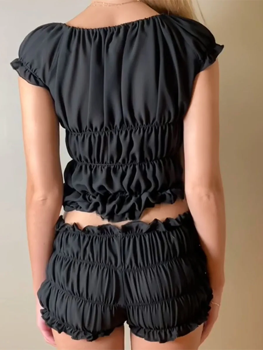 Women s Summer 2 Piece Outfits V Neck Short Sleeve Ruched Pullover Tops Solid Color Plaid Elastic Waist Shorts Set
