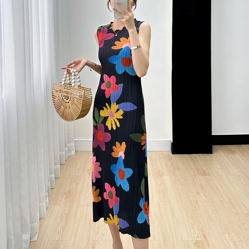 

Miyake Sleeveless Dress for Women High-Grade Elegant Slim Fit Slimming Retro Printed Vest Pleated Dress for Women