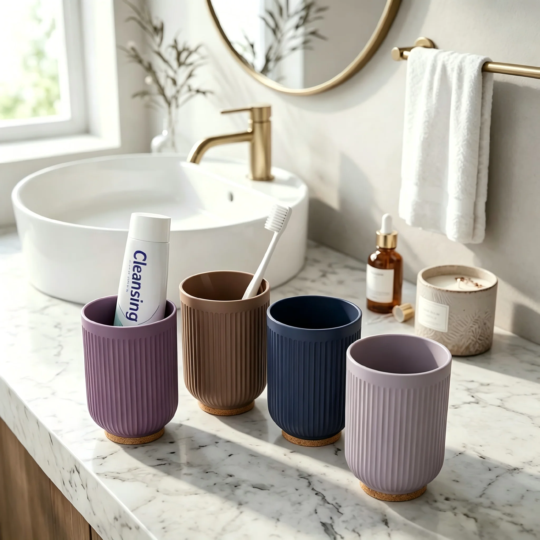 Copos para enxaguante bucal listrados em 5 cores com base de bambu, copos de ABS, porta-escova de dentes, estilo leve e luxuoso, organizador de banheiro._voghion.com