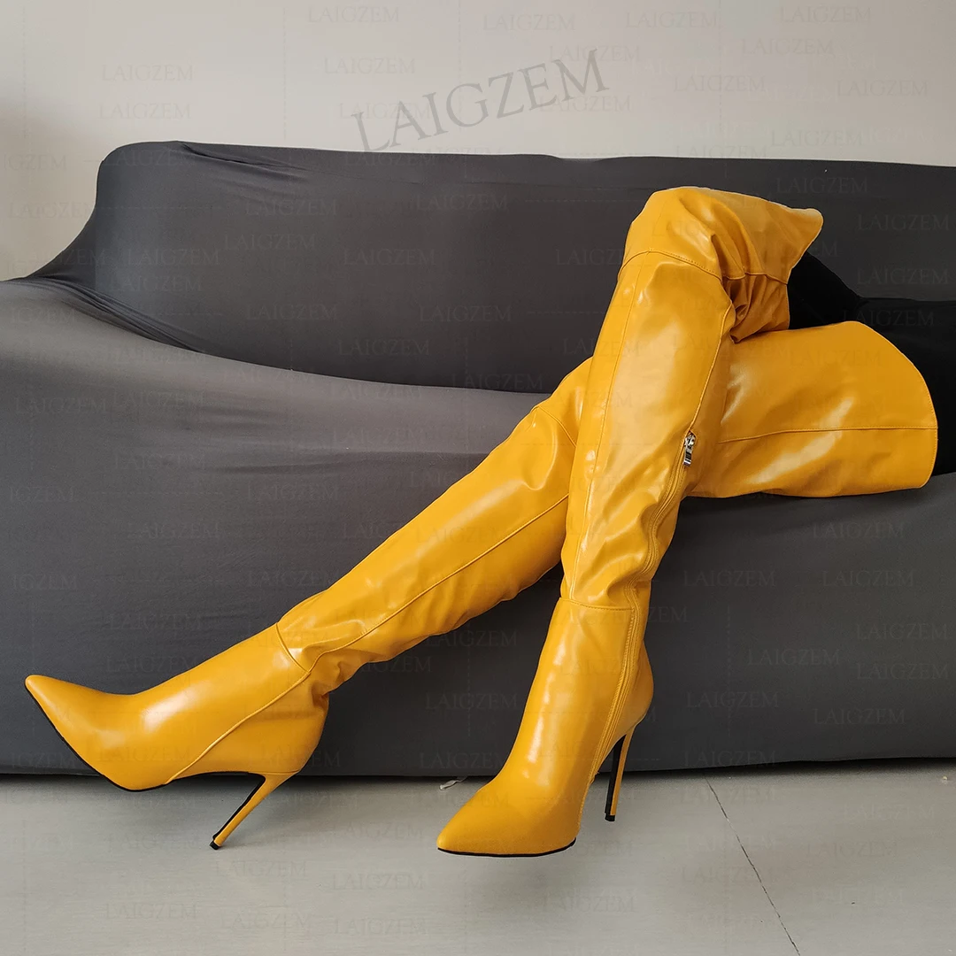 LAIGZEM Women Thigh High Boots Pointed Toe V Cut Side Zip