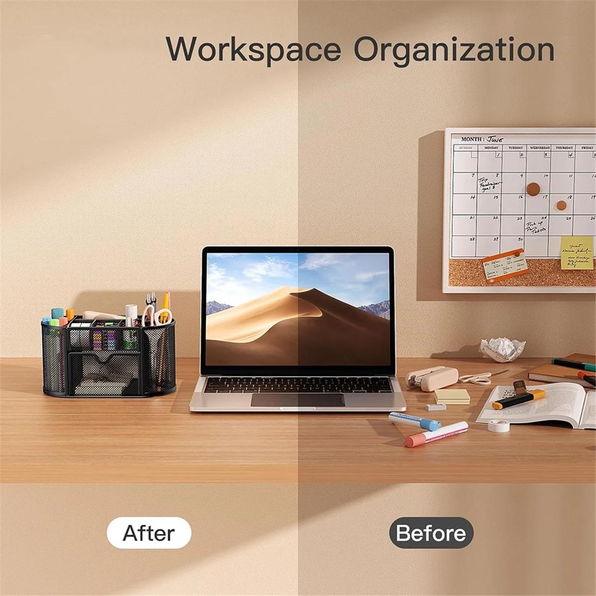 책상 정리함 메쉬 데스크탑 사무용품, 학교, 교실용 펜꽂이 문구, 8 칸, 서랍 1 개