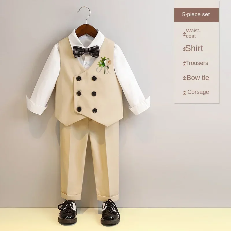 Summer School Uniform for Kids Handsome Boys Vest Suits Khaki Plaid Weddings Party Blazer Set 2-12 Y Chorus Performance Outfits