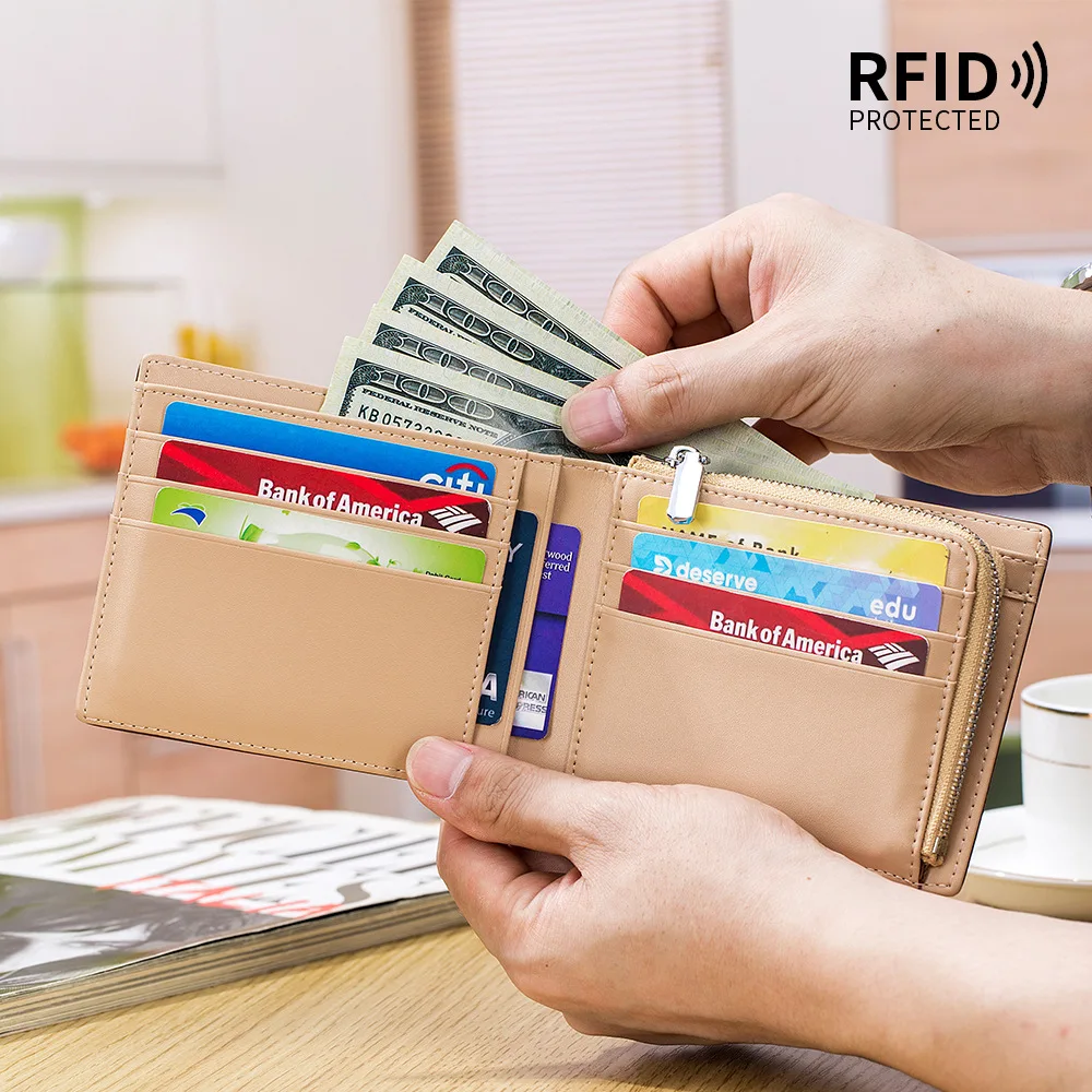 Contrast color 100% genuine leather retro short men's purse RFID cowhide large capacity zipper zero wallet multi-card card bag