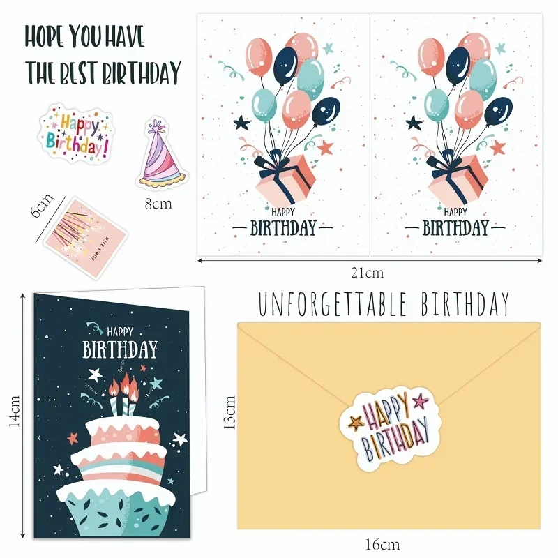 50 개/대 생일 축하 카드 봉투와 스티커가 포함 된 모듬 인사말 카드 어린이를위한 접힌 선물 카드 성인 파티 용품