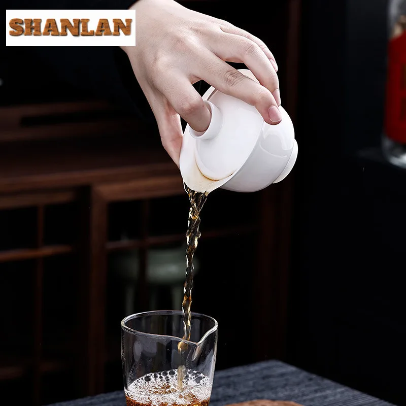 190ml Mutton Fat Jade Three Talents Gaiwan Zen Ceramic Anti-scald Cover Bowl Elegant Tea Tureen Tea Maker Chinese Teaware Craft