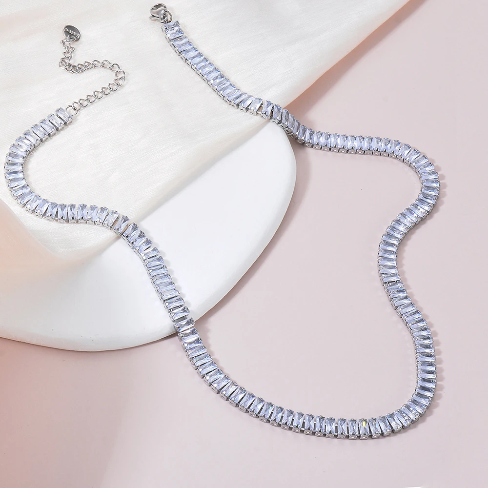 

Luxury Shiny 6mm Cubic Zirconia Tennis Chain Necklaces Stainless Steel for Women Choker цепочка на шею женская Wedding Jewelry
