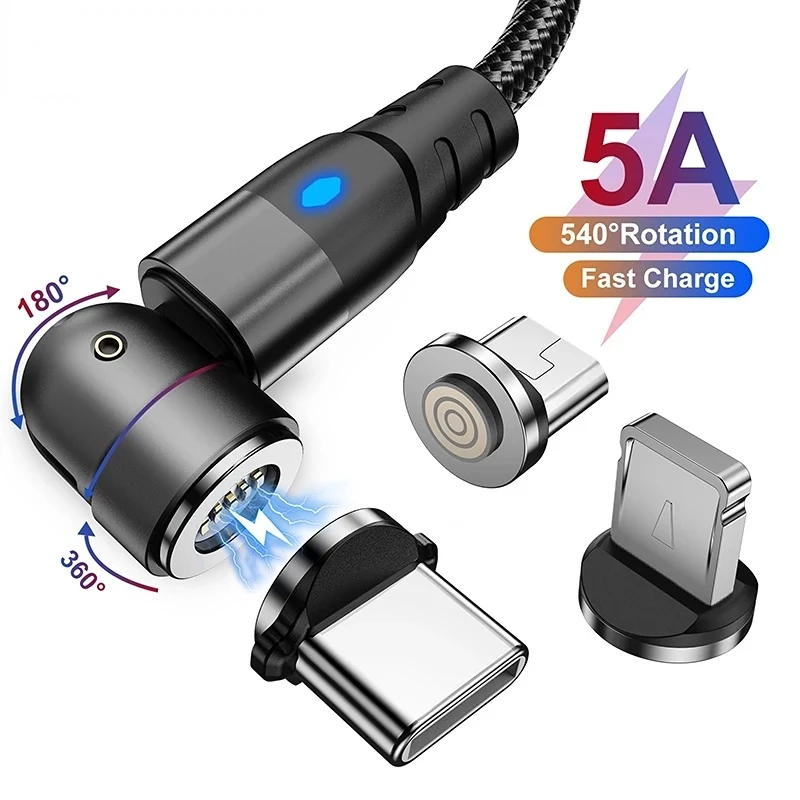 

USB-кабель USLION вращающийся на 5 А, магнитный, для быстрой зарядки, магнитное зарядное устройство, провод, Шнур Micro Type C, кабель для IPhone, Xiaomi