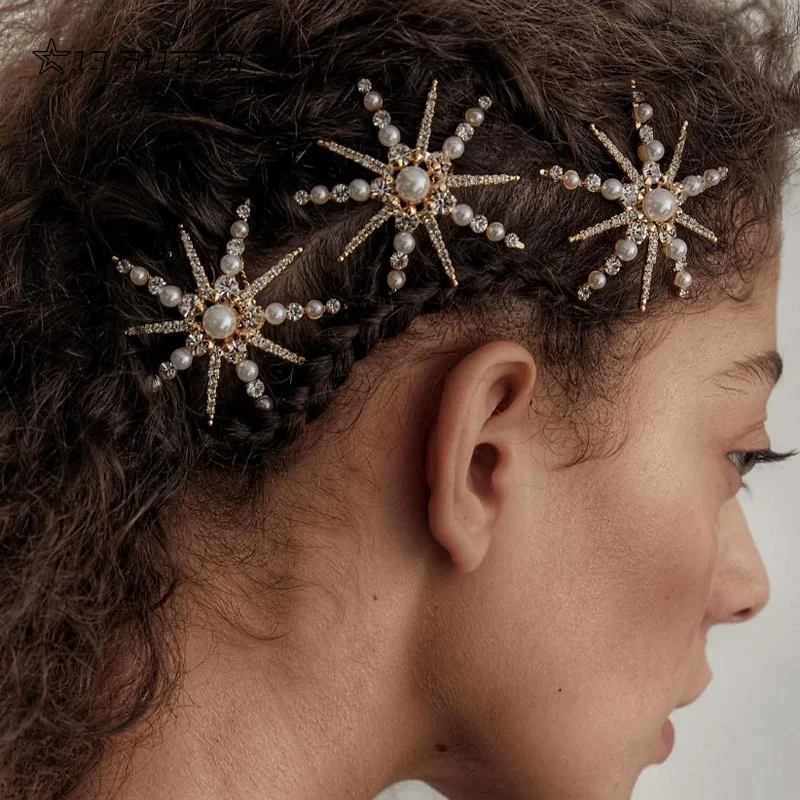 Moda estrela strass pérola pino de cabelo para as mulheres noiva bling cristal acessórios para o cabelo barrettes casamento jóias