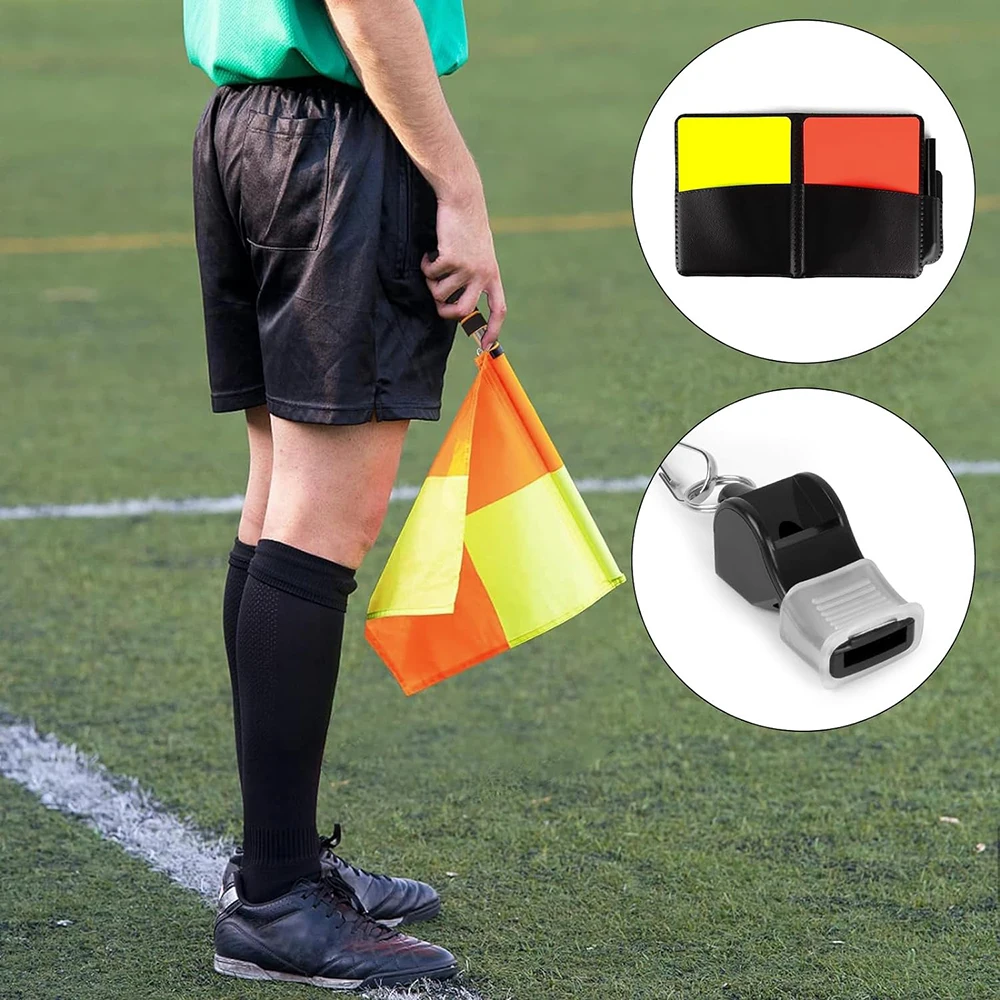 Soccer Referee Flag Set Checkered Linesman Flags Referee Cards Record Book Pencil Whistle for Sports Football soccer referee cards referee whistles referee flags training equipment set