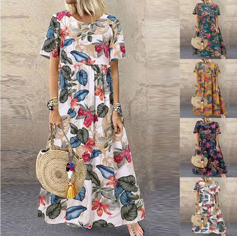

2023 Bohemian Holiday Sundress Summer Women Vintage Floral Printed Short Sleeve Beach Dress Loose Long Vestido Robe Femme
