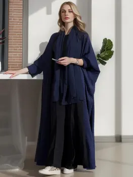 2025 Casual Elegant Saudi Style Muslim Abaya Navy Blue with Subtle Dotted Pattern Ideal for Daily Wear in Middle Eastern Cities