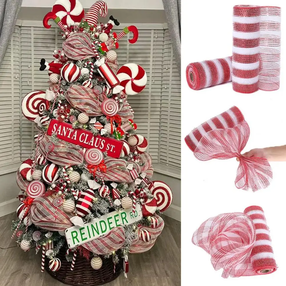 10 Inch X 10 Yards Christmas Mesh Ribbon Red/Red White Stripe Metallic Foil Mesh Roll Wreaths Swags Christmas Tree Home Decor