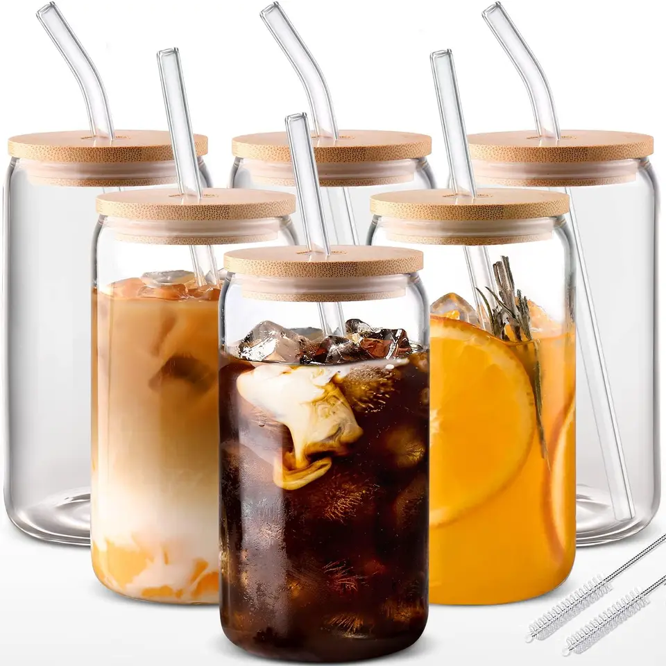 Mason Jar Glass Cups with Bamboo Lid and Straw