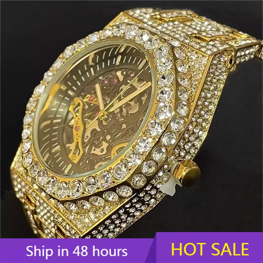 

Luxury Automatic Mechanical Watch Men Hip Hop Brand MISSFOX Steel Full Iced Diamond Jewelry Gold Wristwatch Fashion Man 2024 New