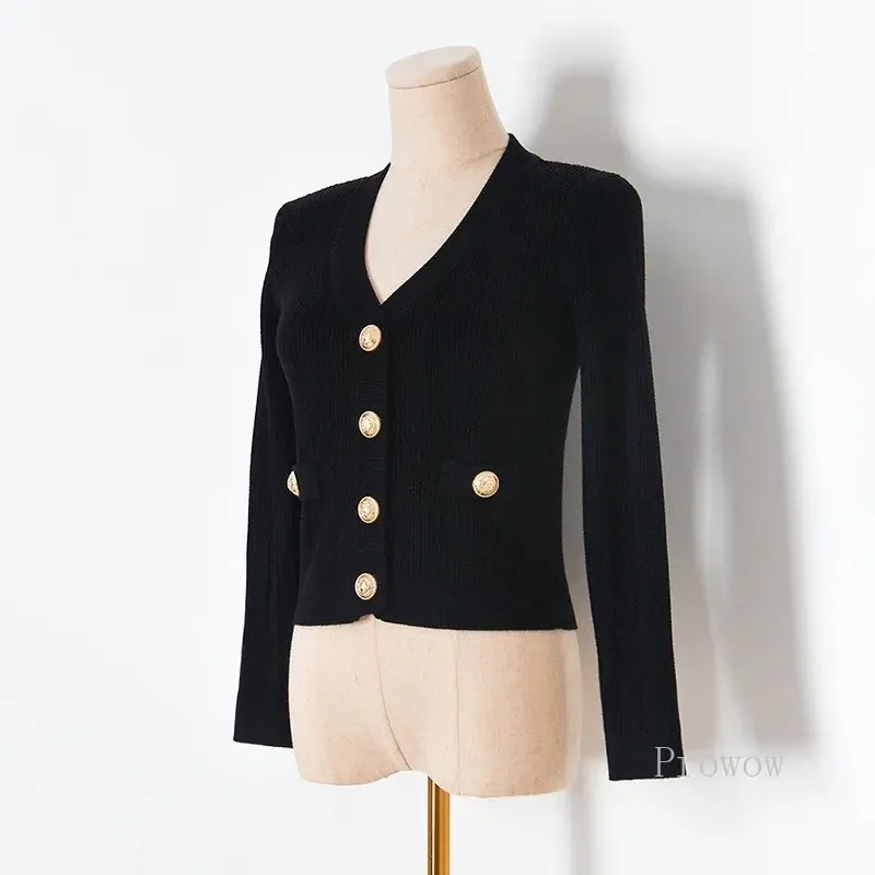 

Fashion Chic Black Cardigan Cropped Tops Women High Waist Sweater Jacket 2023 V Neck Metal Buttons Fake Pockets Knitted Cardigan