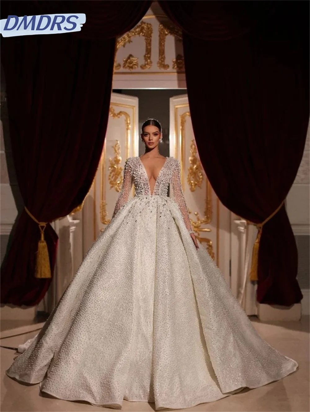 Sexy Deep V Neck Wedding Dresses 2024 Classic Long Sleeve Bridal Gown Elegant Beaded Floor-Length Party Vestidos De Novia
