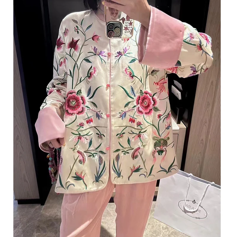 

Advanced Acetate O-Neck Contrast Color Cuff Women's Coat Autumn New Loose And Exquisite Chinese Style Embroidery Top S-XL