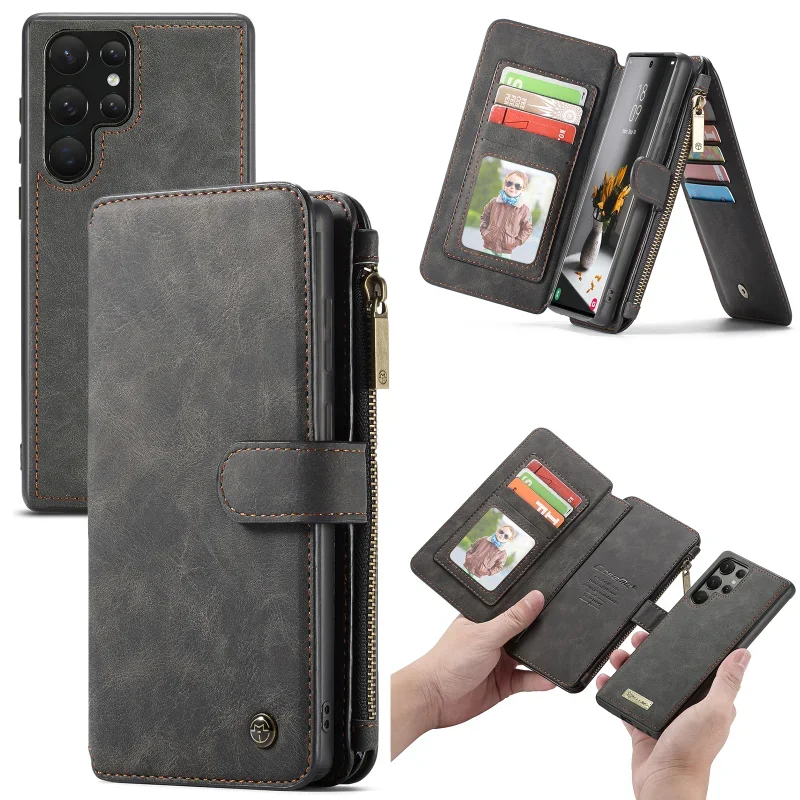Durable Leather Magnetic Zipper Flip Wallet Case For Samsung S22 S21 Note 20 Ultra Note10 Plus Detachable Cover with Card Holder