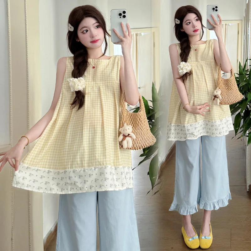 Pregnant Women's Summer New Korean Version Sweet Square Collar Spliced Top Pants Two-piece Set for Women
