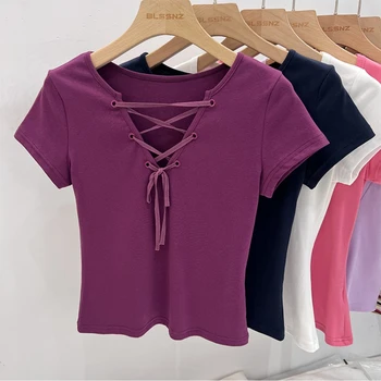 2025 خمر الصليب ضمادة الخامس الرقبة تي شيرت الصلبة سليم صالح قصيرة الأكمام البلوز المحملة Y2k الجمالية الشرير قمة الموضة غير رسمية 4