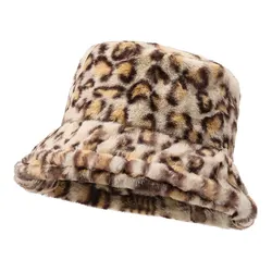 Women's Winter Leopard Print Plush Bucket Hat - Versatile & Stylish (Beige)