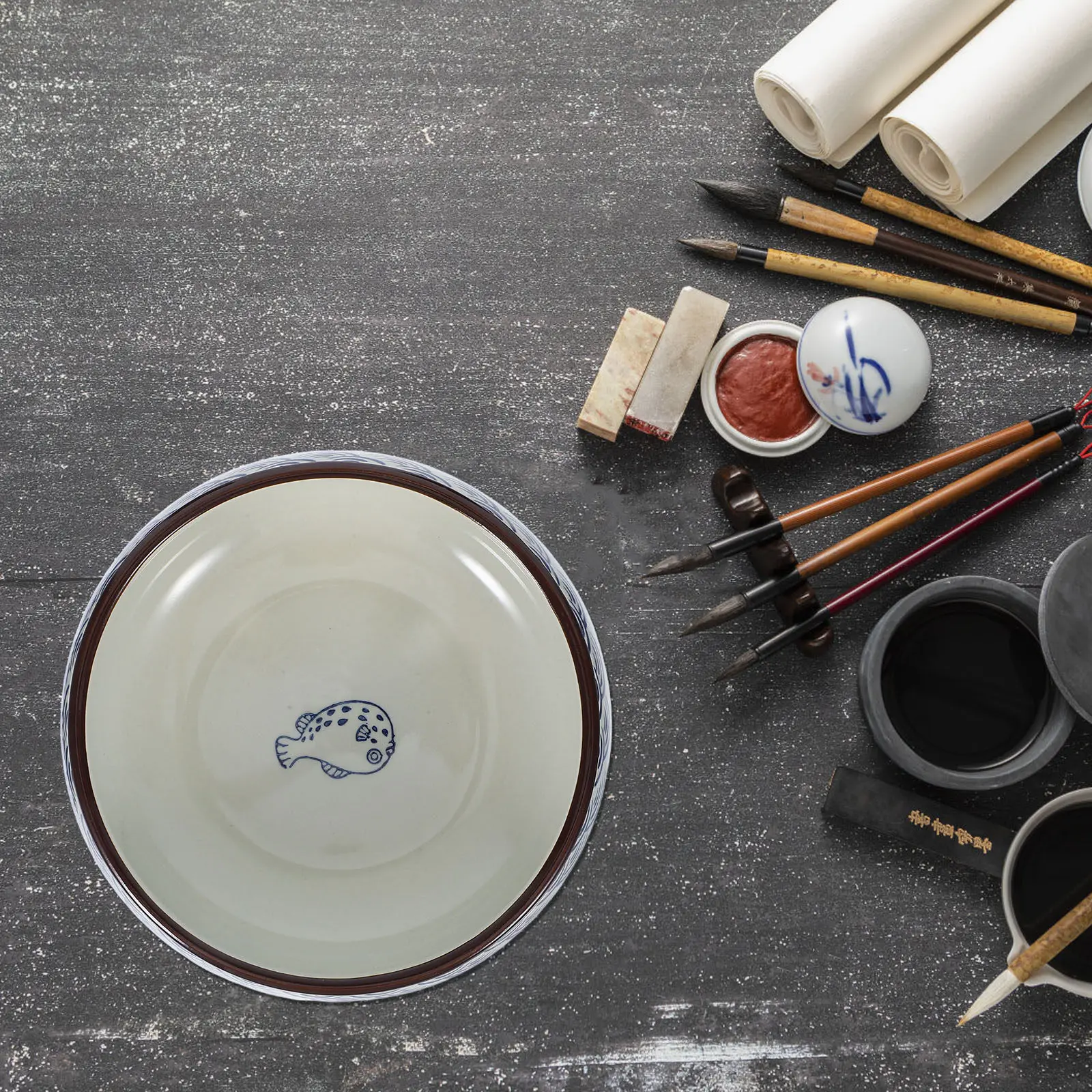 서예 연습용 세라믹 잉크 접시 손으로 그린 물고기 디자인 도자기 잉크통 수미 그림 붓 세척기