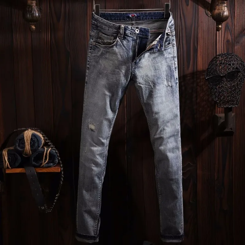 Fashion Designer Men Jeans Retro Black Gray Elastic Slim Ripped Jeans Men Trousers Italian Vintage Designer Denim Pants Hombre