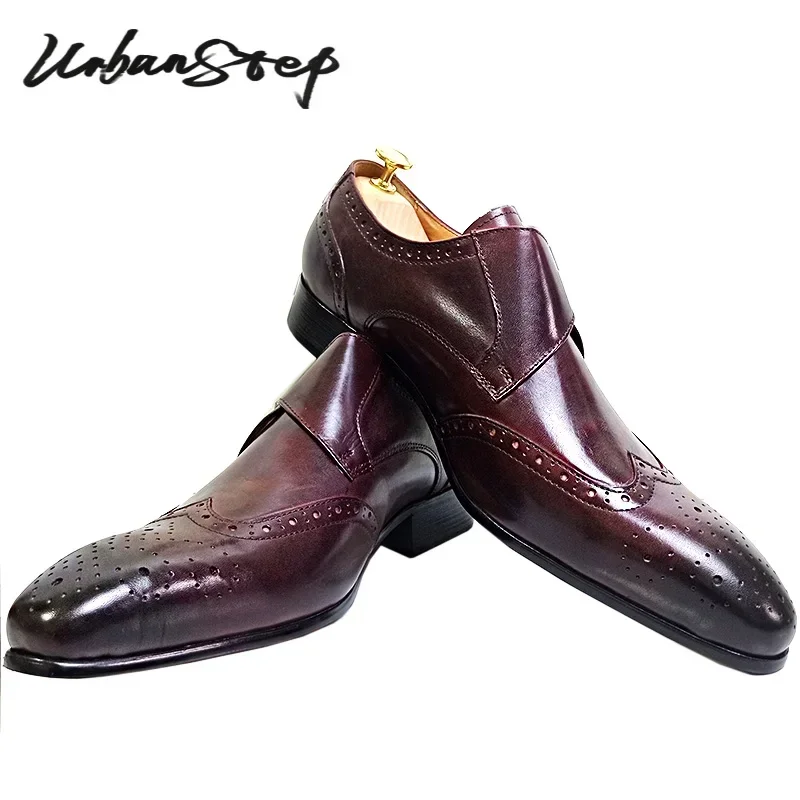Leather shoes LUXURY MEN'S LOAFERS GENUINE LEATHER BURGUNDY SLIP ON MONK STRAP CASUAL DRESS MAN SHOE BUSINESS OFFICE WEDDING SHOES MEN