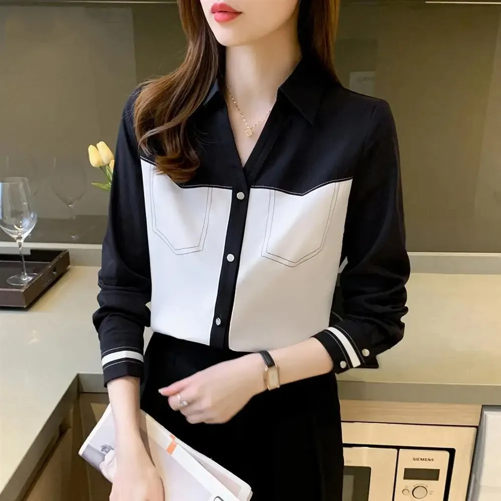 

Office Lady Temperament Fashion Contrast Color Chiffon Shirt Spring Autumn Korean Clothing Youth Long Sleeve Basic Casual Blouse