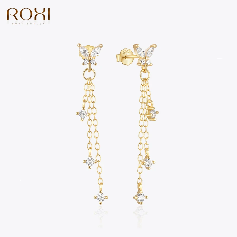 

ROXI Gold Color Butterfly Stud Earrings For Women 925 Sterling Silver Tassel Chain Crystal Piercing Earring Jewelry pendientes