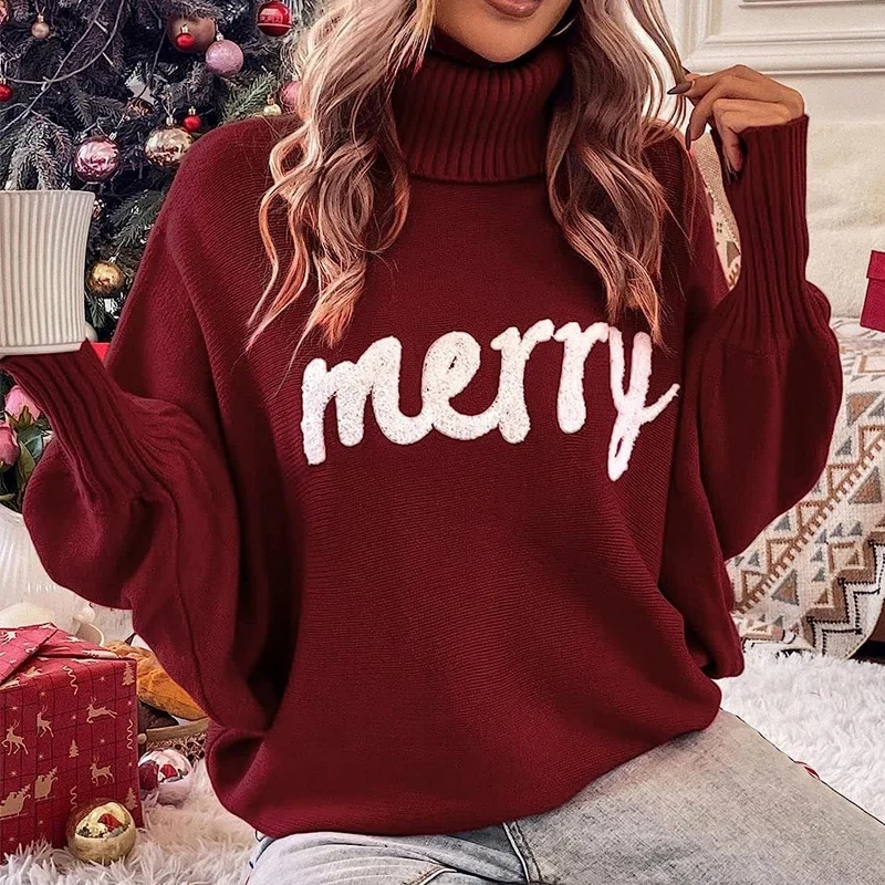 

Casual Jacquard Warm Christmas Sweater Women Turtleneck Solid Loose Sweater Tops Autumn Winter Batwing Sleeve Knitted Pullover