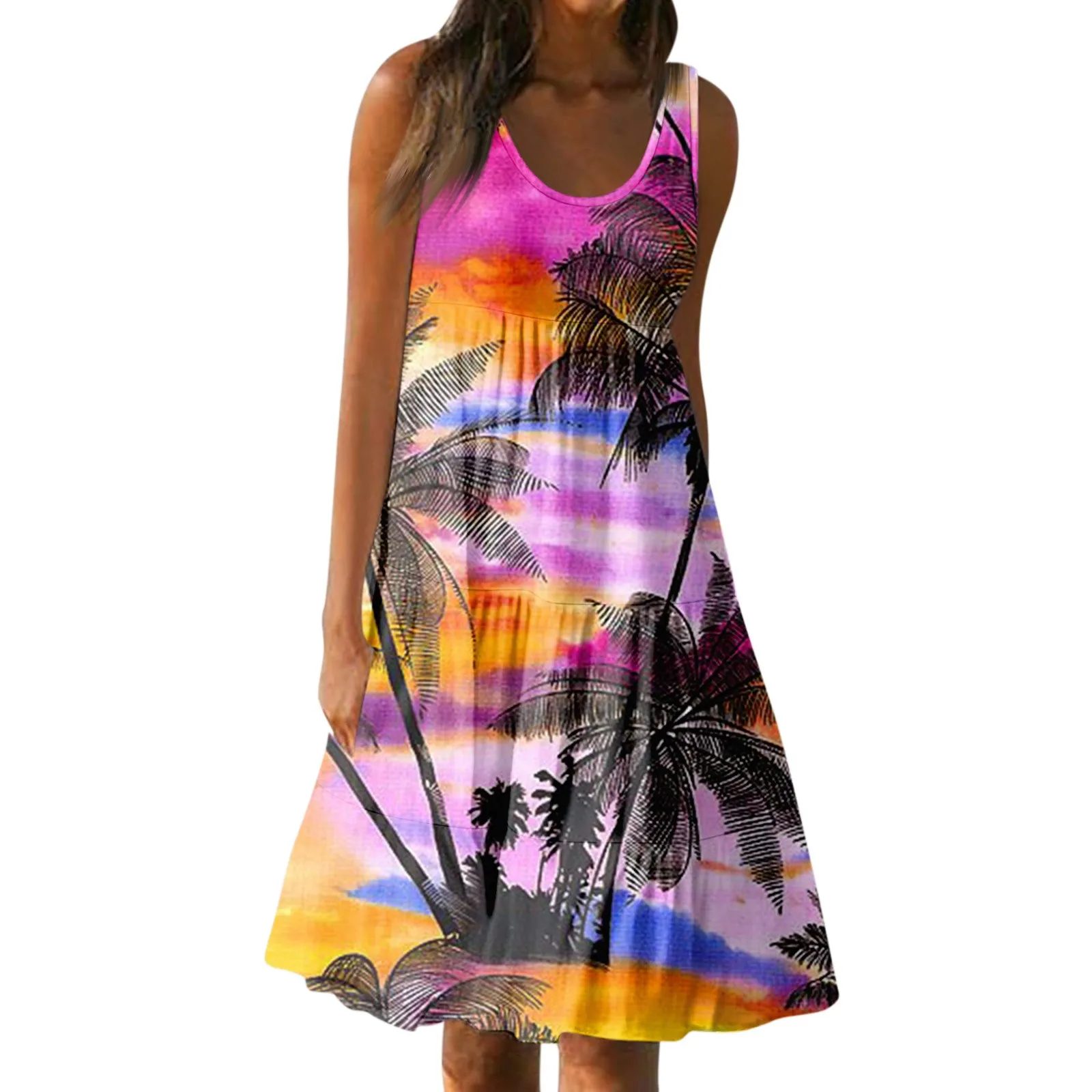 

Women's Summer Casual Round Neck Sleeveless Loose Beach Skirt Fashion Print Dress vestidos de fiesta elegantes para mujer 2024