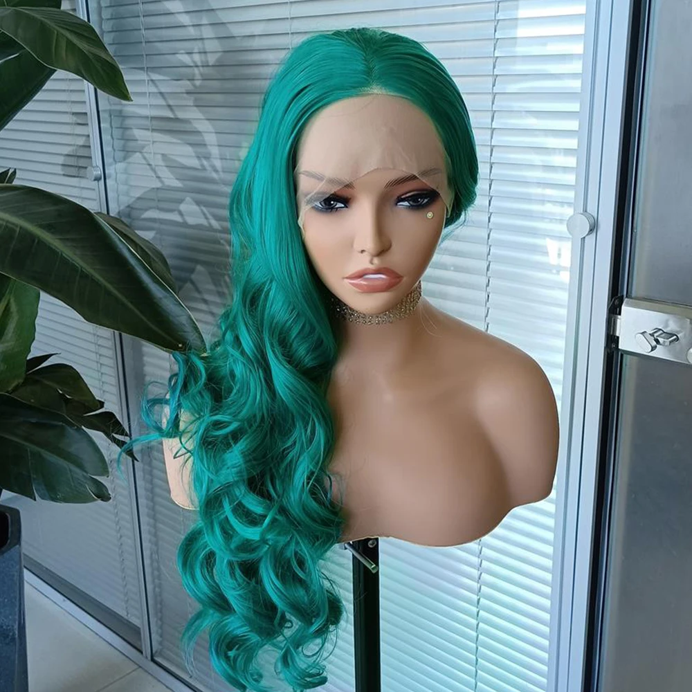 Emerald green synthetic wig back view