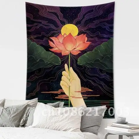 

Sunset Lotus Tapestry Wall Hanging Oil Painting Bohemian Style Hippie Tapiz Witchcraft Psychedelic Art Home Decor