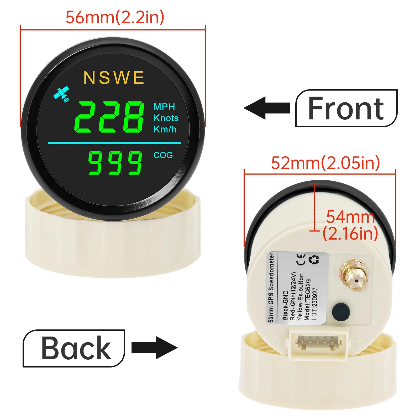 범용 자동차 보트용 NSWE, 0 299 KMH 매듭, MPH 52mm GPS 속도계 게이지, 안테나 포함, 녹색, 흰색, 적색, 12V, 24V, 신제품