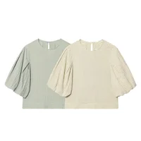 2026 New Women's Fashion Simple and Versatile Short Sleeve Round Neck Checkered Balloon Sleeve Top