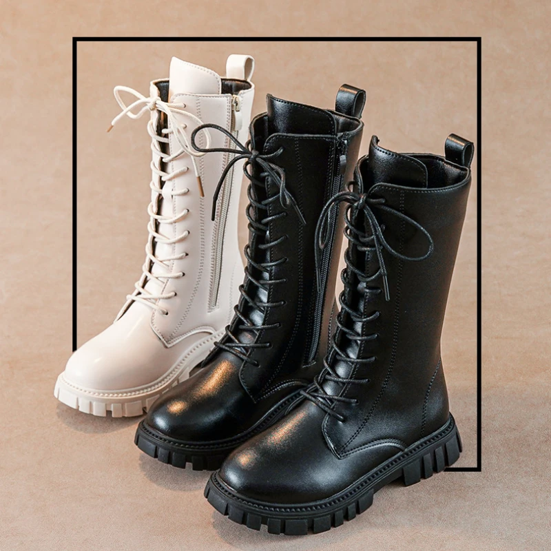 Girls Black Beige PU High Boots for Spring Autumn