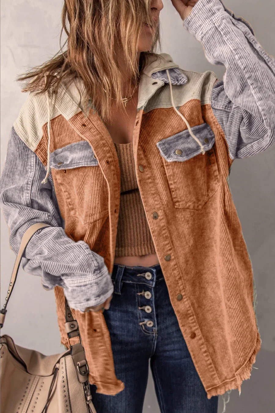 Retro Women's Jacket Cotton Distressed Hooded Boyfriend Corduroy Shirt Coat with Pockets Button Down Shackets Top images - 6