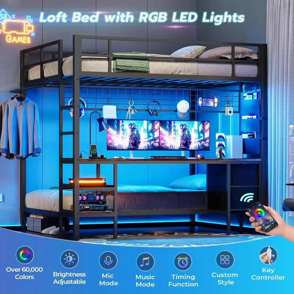 Full Size Over Twin Bunk Bed with Desk and Charging Station Metal Full Over Twin Loft Bed with Led Lights