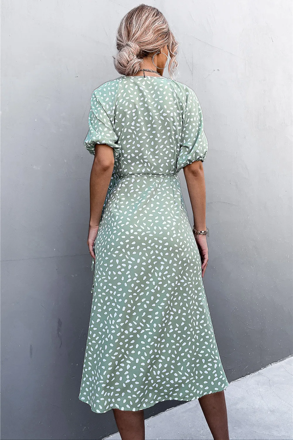 Casual Women Chiffon Dress V Neck Side Wrap Midi Dress Summer Polka Dot Dress Female Puff Sleeve Boho Fashion A-line Split Dress