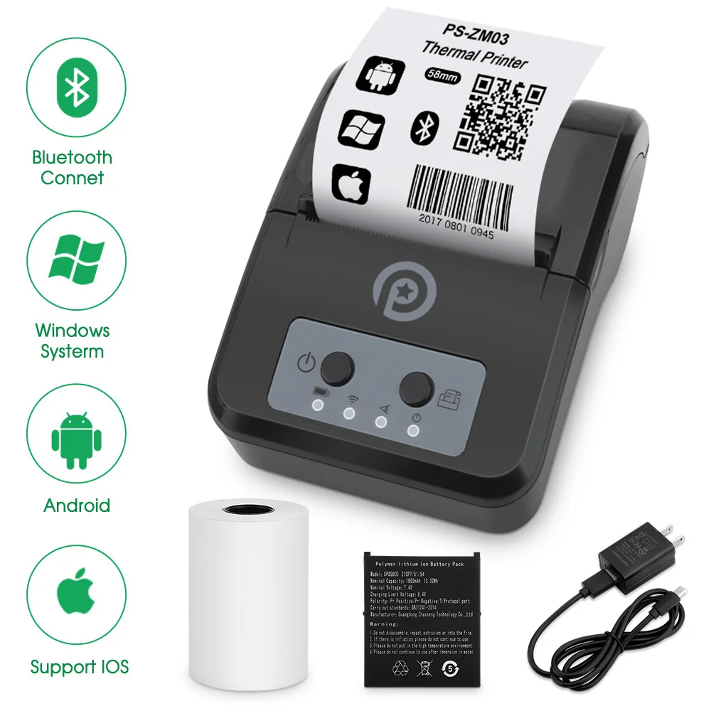 58mm Receipt Printer Portable Wireless Bluetooth Thermal Printer Ticket
