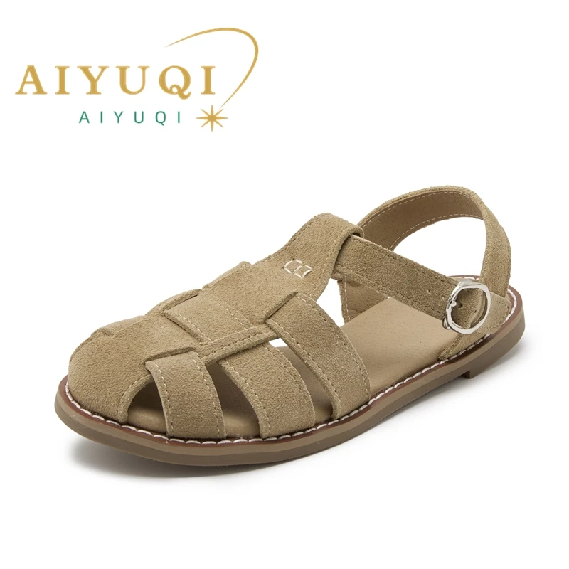 AIYUQI Flat-soled Retro Genuine Leather Hollow Baotou Sandals Women's 2025 New Hollow Pig Cage Women's Sandals 5