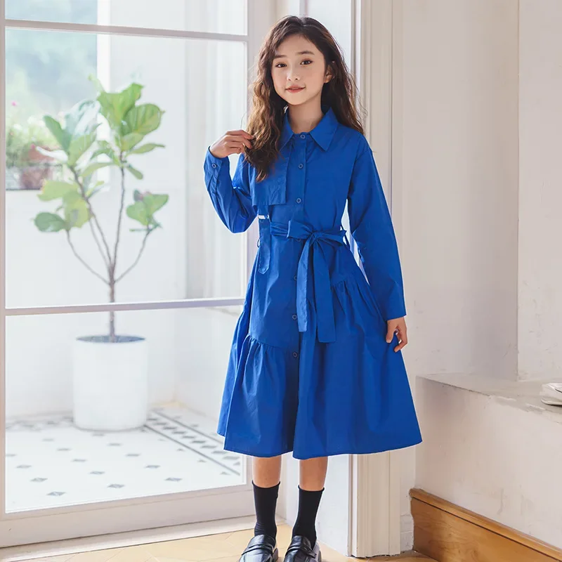 kids teen girls solid blue pink buttoned shirt dress 6 to 16 years childgren girl spring autumn fashion cotton casual dresses