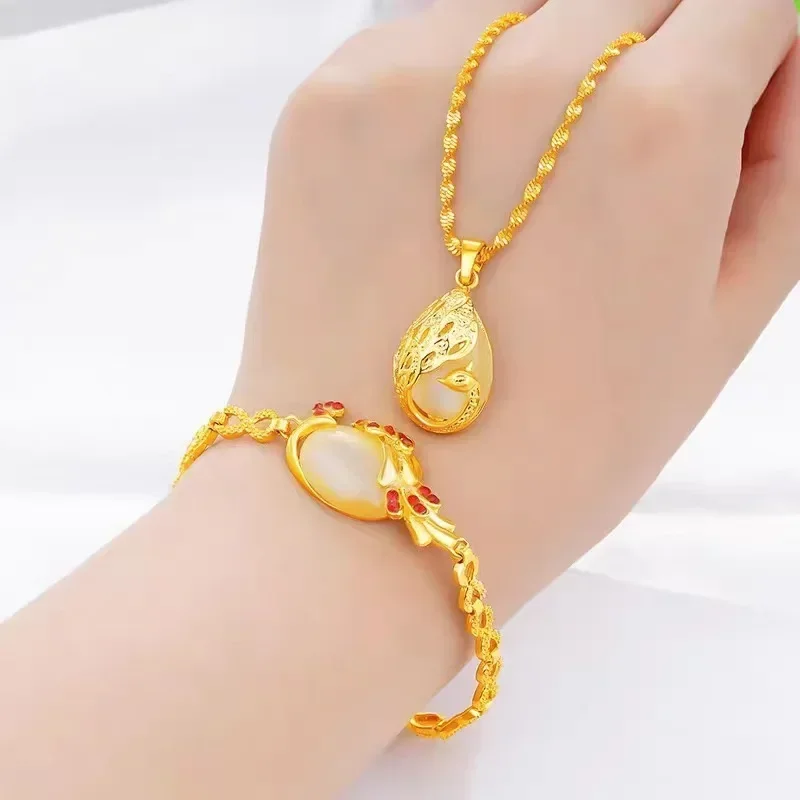 9999 Real 24K Yellow Gold Ladies' Necklace & Bracelet Set-Peacock Pendant with Cat's Eye, AU585 Gold Jewelry