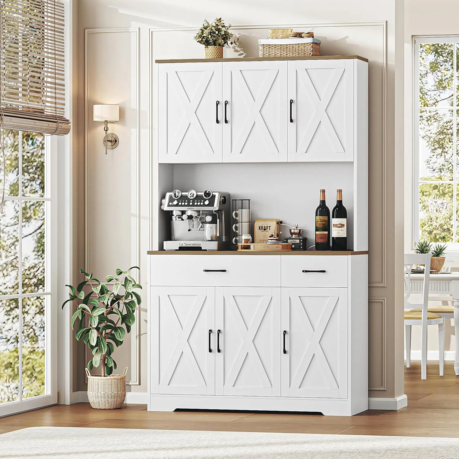 Pantry Cabinet with Charging Station, Tall Kitchen Pantry Storage Cabinet with Microwave Stand, Farmhouse Kitchen Hutch