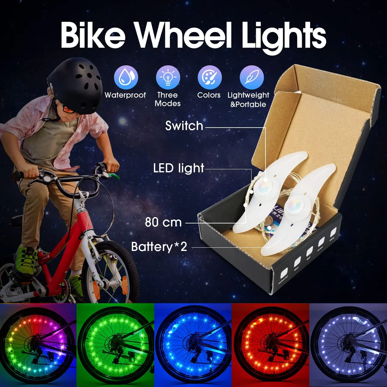 Luci LED Per Raggi Bicicletta NOENNULL - Ricaricabili, 7 Colori, 15 Modalit&agrave;, Impermeabili IPX5
