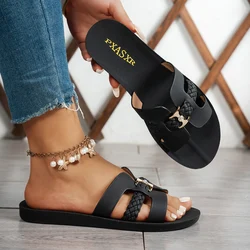 Gold Embellished Rhinestone Buckle Braided Strap Women's Flat Sandals - 38 (Black)