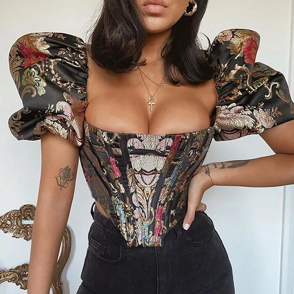 

Vintage Puff Sleeve Corset Crop Tops Summer Court Square Neck Tank Top French Women's Elegant Slim Bodice Camis Fishbone Bustier